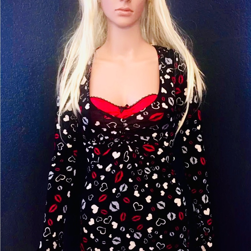 I love DennyRose Black LongSleeve Dress Bra Kiss Red White Lip Heart Print Italy